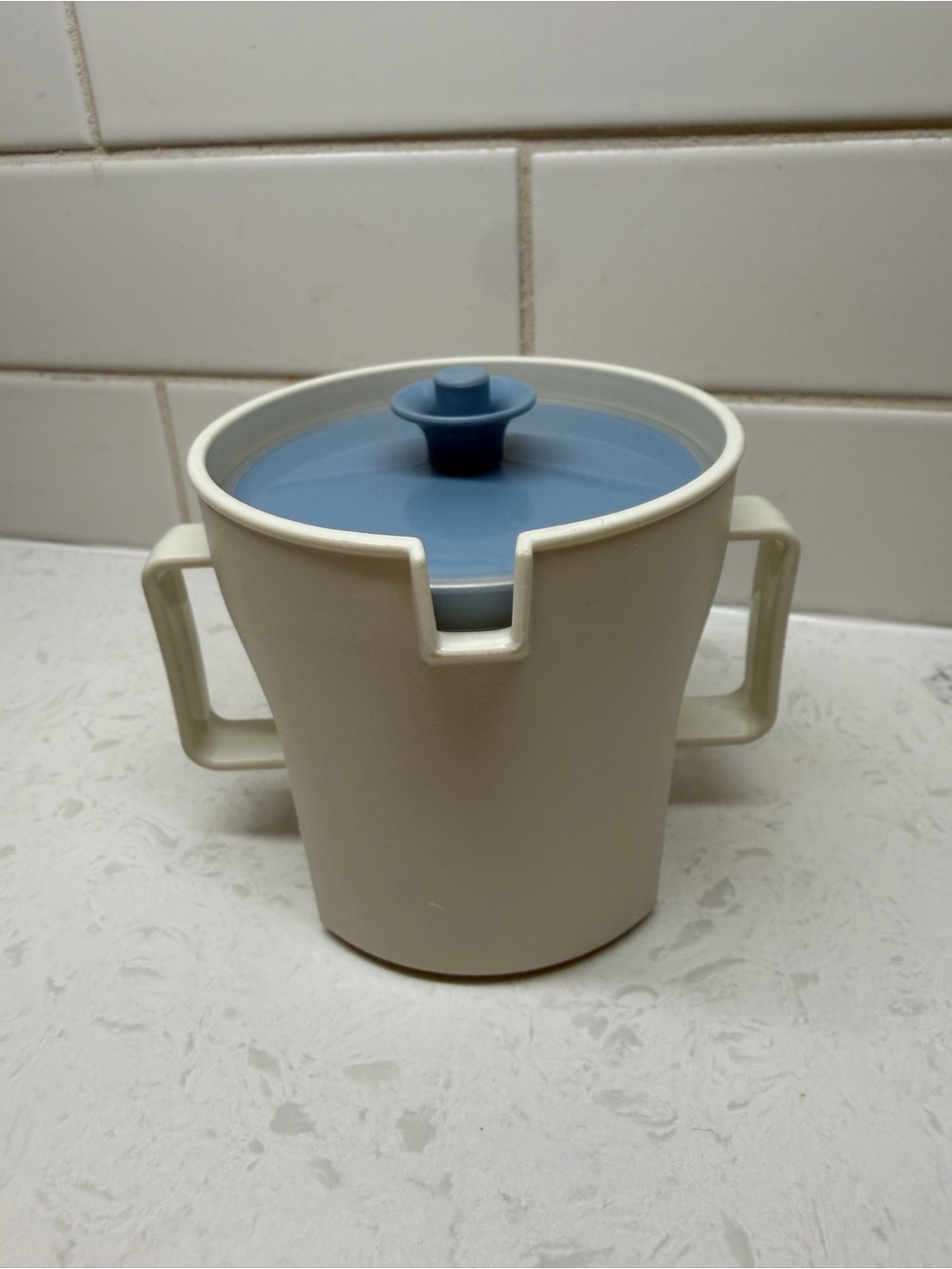 Vintage Tupperware Cream & Blue Two-Handle Sugar Bowl with Lid